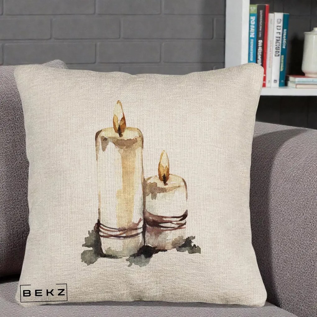Perna Decorativa Lumanari Acuarela Iarna, 40x40 cm, Bej Canapea, Husa Detasabila, Perna Inclusa, BEKZ®