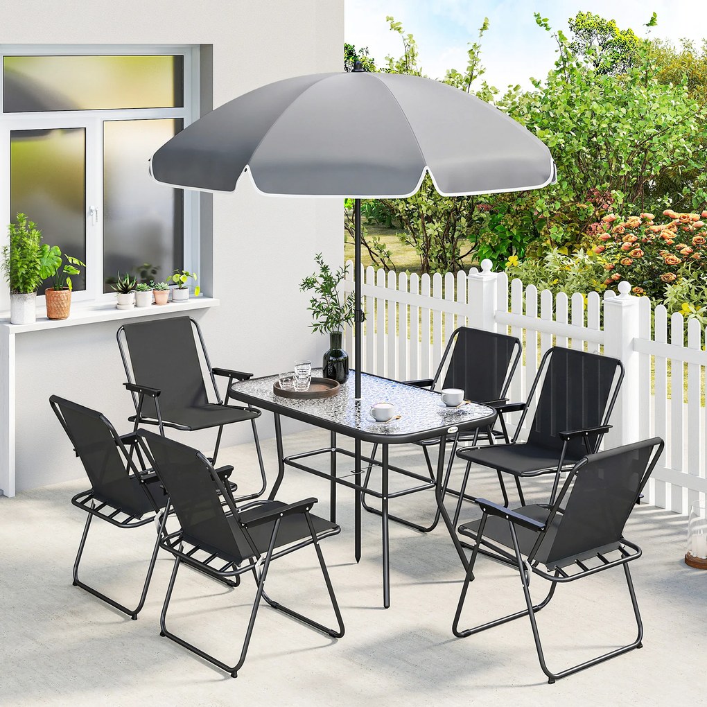 Outsunny Set Dining de Grădină 8 Piese cu Umbrelă, Mobilier de Exterior cu 6 Scaune Pliabile, Masă din Sticlă Temperată și Umbrelă pentru Terasă, Negru | Aosom Romania