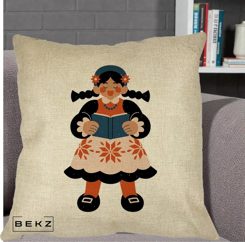 Perna Personalizata Fetita cu Carte Ilustratie Folk, 40x40 cm, Crem, Husa Detasabila, Perna Inclusa, BEKZ®