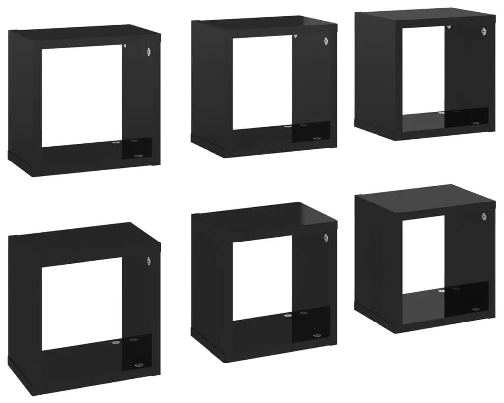 807075 vidaXL Raft de perete cub, 6 piese, negru extralucios, 22x15x22 cm PAL