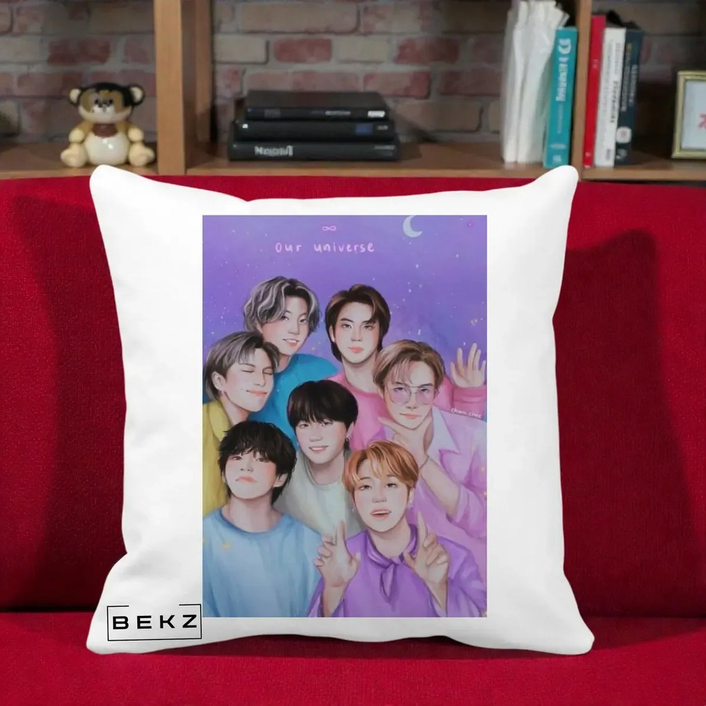 Perna Personalizata K-pop BTS Our Universe Fanart Violet Pastel, 40x40 cm, Alba Mata, Husa Detasabila, Perna Inclusa, BEKZ®