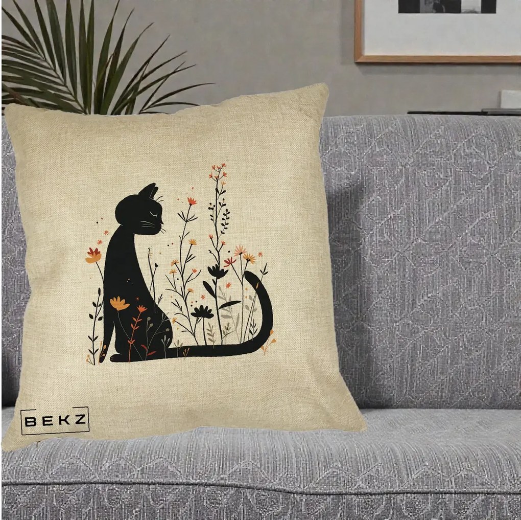 Perna Decorativa Pisica Neagra Flori Portocalii Silueta, 40x40 cm, Crem, Husa Detasabila, Perna Inclusa, BEKZ®