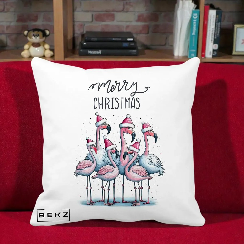 Perna Decorativa Flamingo Merry Christmas, 40x40 cm, Alba Mata, Husa Detasabila, Perna Inclusa, BEKZ®