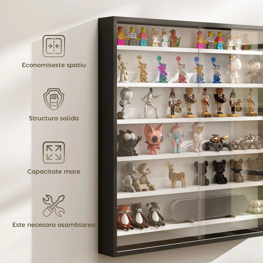HOMCOM Dulap Tip Vitrină de Expoziție cu Rafturi Reglabile, Montată pe Perete, Negru | Aosom Romania