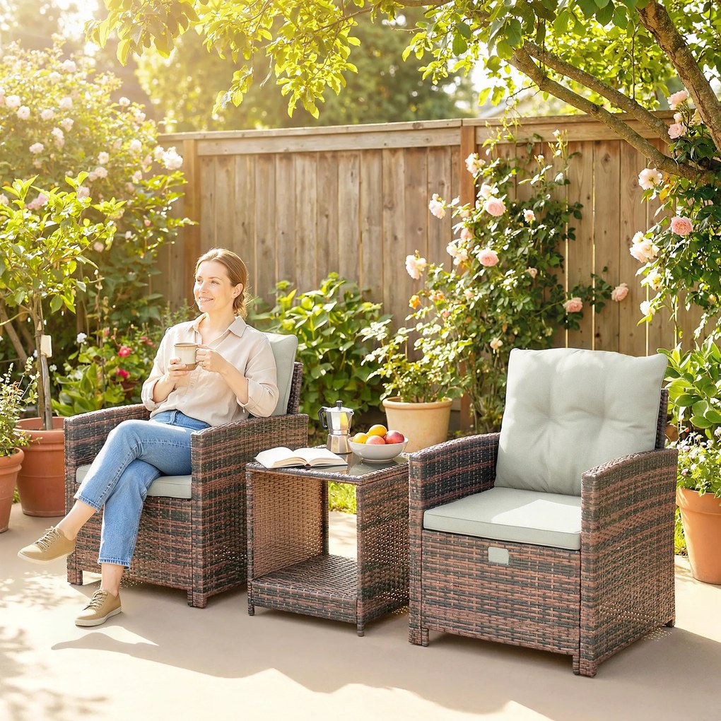 Outsunny Set de Mobilier de Grădină din Rattan 5 Piese, Set de Mobilier Exterior cu 2 Suporturi pentru Picioare, 2 Fotolii, Masă de Cafea cu 2 Niveluri, Perne, pentru Balcon, Terasă, Patio, Maro/Crem | Aosom Romania