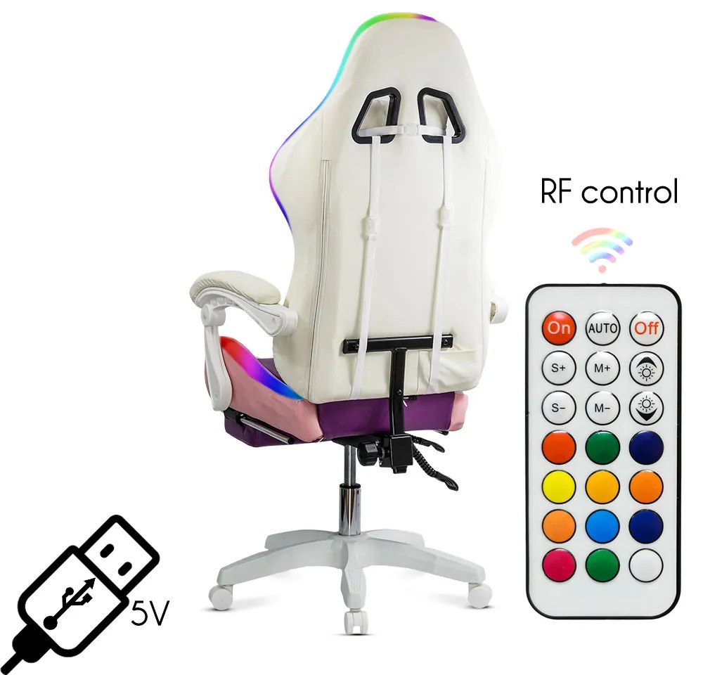 Scaun gaming pentru copii roz/mov din piele sintetică cu lumini RGB OFF 298
