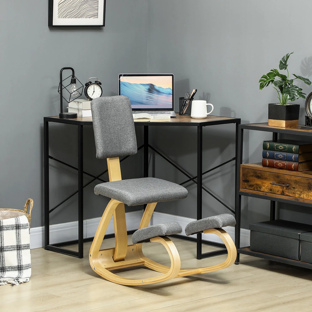 HOMCOM Scaun genunchi ergonomic, din lemn de mesteacăn, care permite o mișcare ușoară de leagăn, 51x84x93 cm, Gri | Aosom Romania