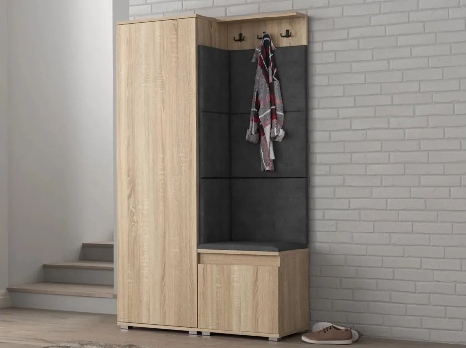 CUI515 - Cuier 104x37x177 cm - 3 agatatori haine, hol, pantofar - Sonoma, tapiterie Turcoaz/Gri/Albastru