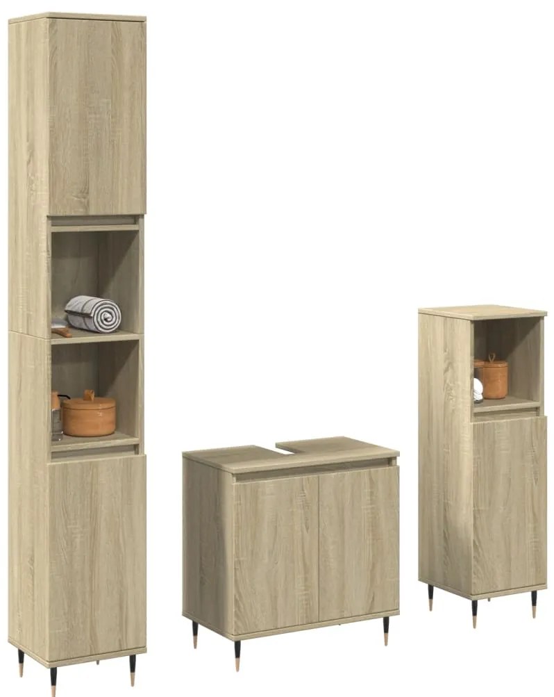 vidaXL Set mobilier de baie, 3 piese, stejar sonoma, lemn prelucrat
