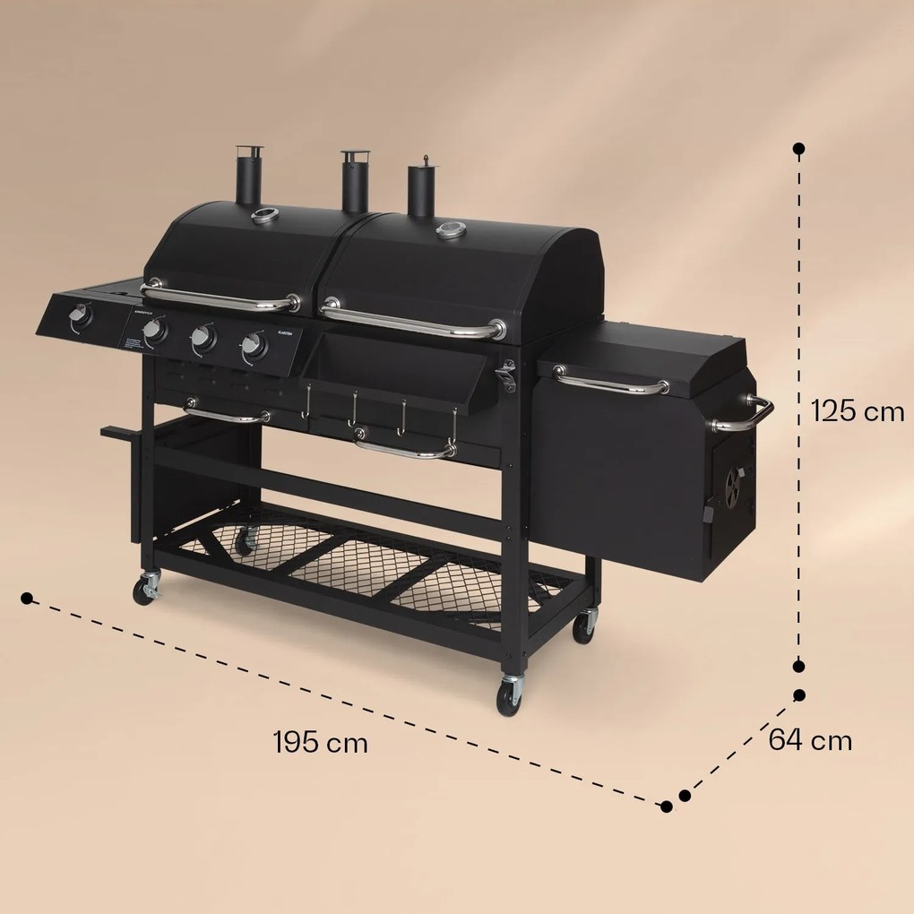 Kingsville Smoker, grătar combinat, gaz, cărbune, afumător cu cărbune, 13,5 kW, 3+1 arzătoare, negru