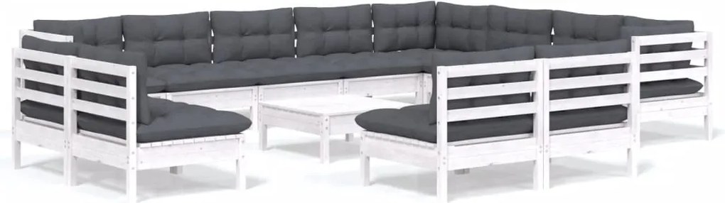 vidaXL Set mobilier grădină cu perne, 13 piese, alb, lemn masiv pin