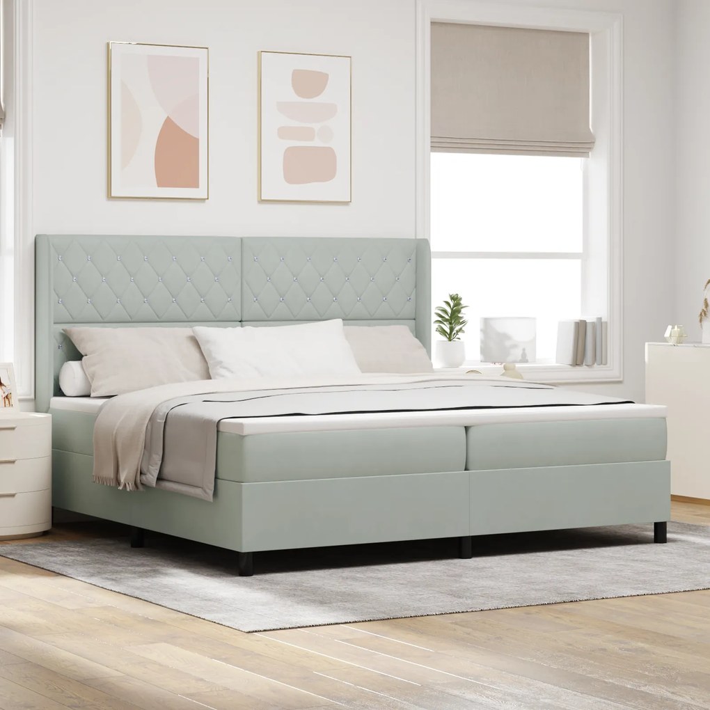 vidaXL Pat box spring cu saltea &amp; LED, gri deschis, 200x200 cm catifea