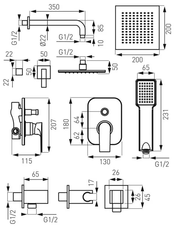 Set de dus , Ferro, Square, baterie dus incastrata, palarie dus si para, crom