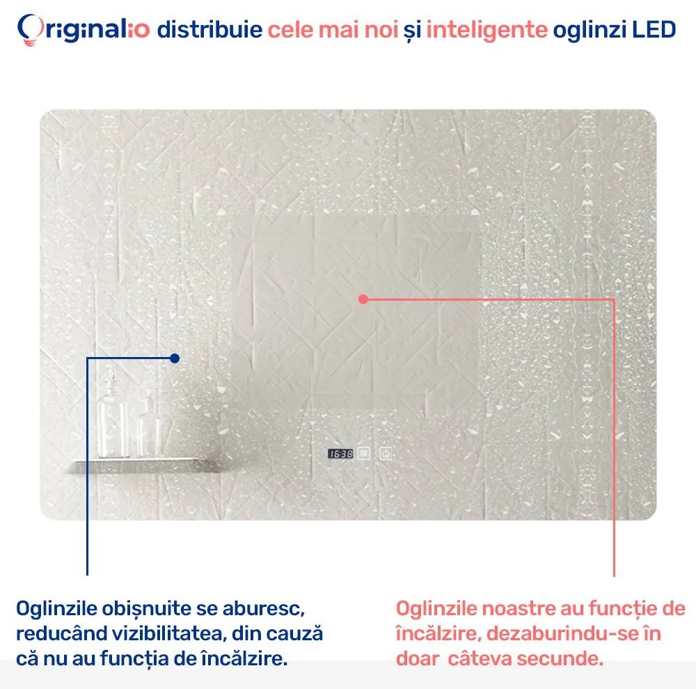 Oglindă LED Dreptunghiulară (120x80 cm), 3 Moduri Iluminare (Lumină Rece, Naturală, Caldă), Intensitate Reglabilă, Funcție Dezaburire, Ceas (Timer) și Termometru, Control Tactil (Touch)