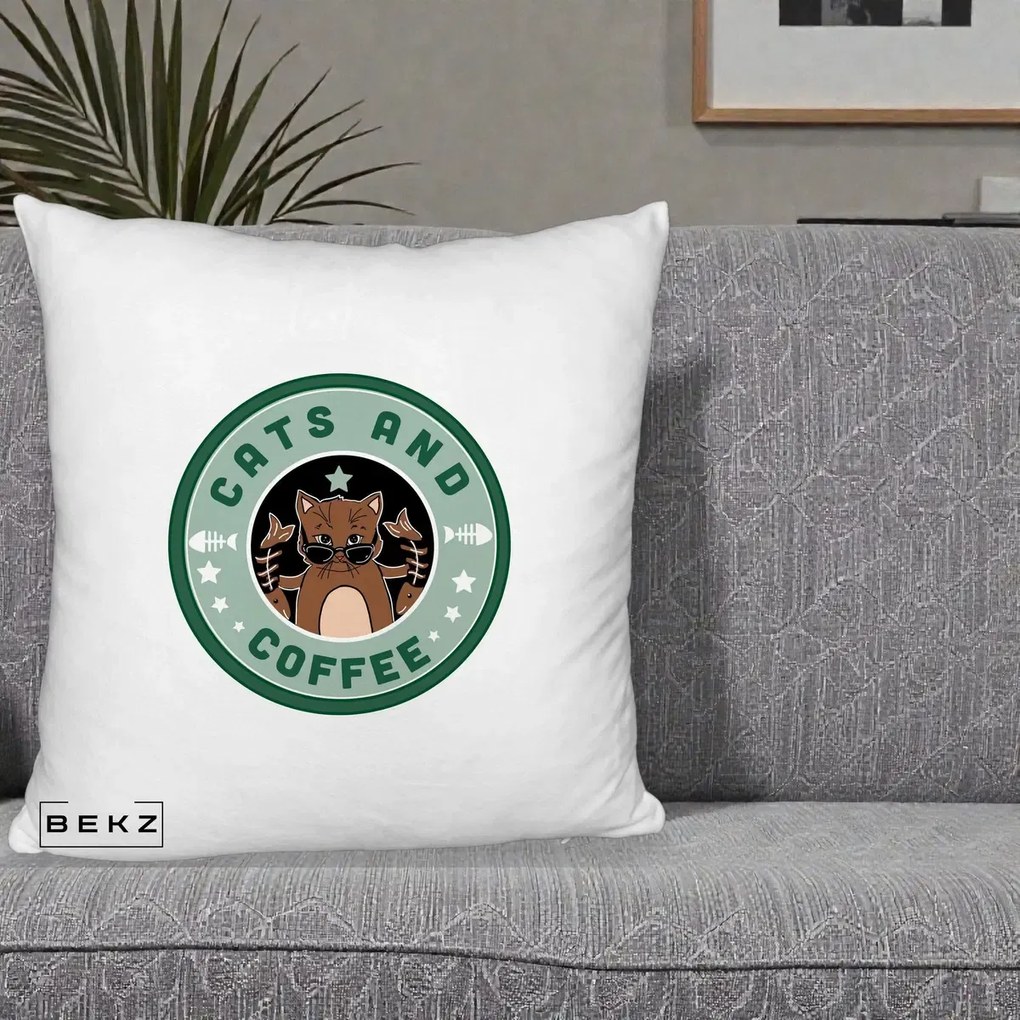 Perna Personalizata Cats and Coffee Starbucks, 40x40 cm, Alb Pufos, Husa Detasabila, Perna Inclusa, BEKZ®