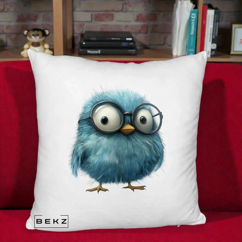 Perna Decorativa Pui Pufos Teal cu Ochelari, 40x40 cm, Alb Pufos, Husa Detasabila, Perna Inclusa, BEKZ®