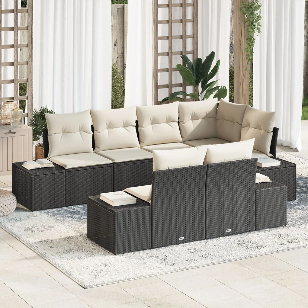vidaXL Set de canapele pentru grădină 7 pcs negru și crem Rattan poli