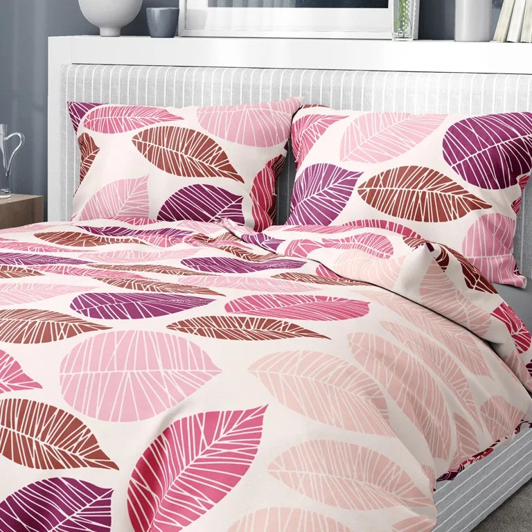 Goldea lenjerie de pat din bumbac - model 1011 - frunze roz și bordo 140 x 200 și 70 x 90 cm