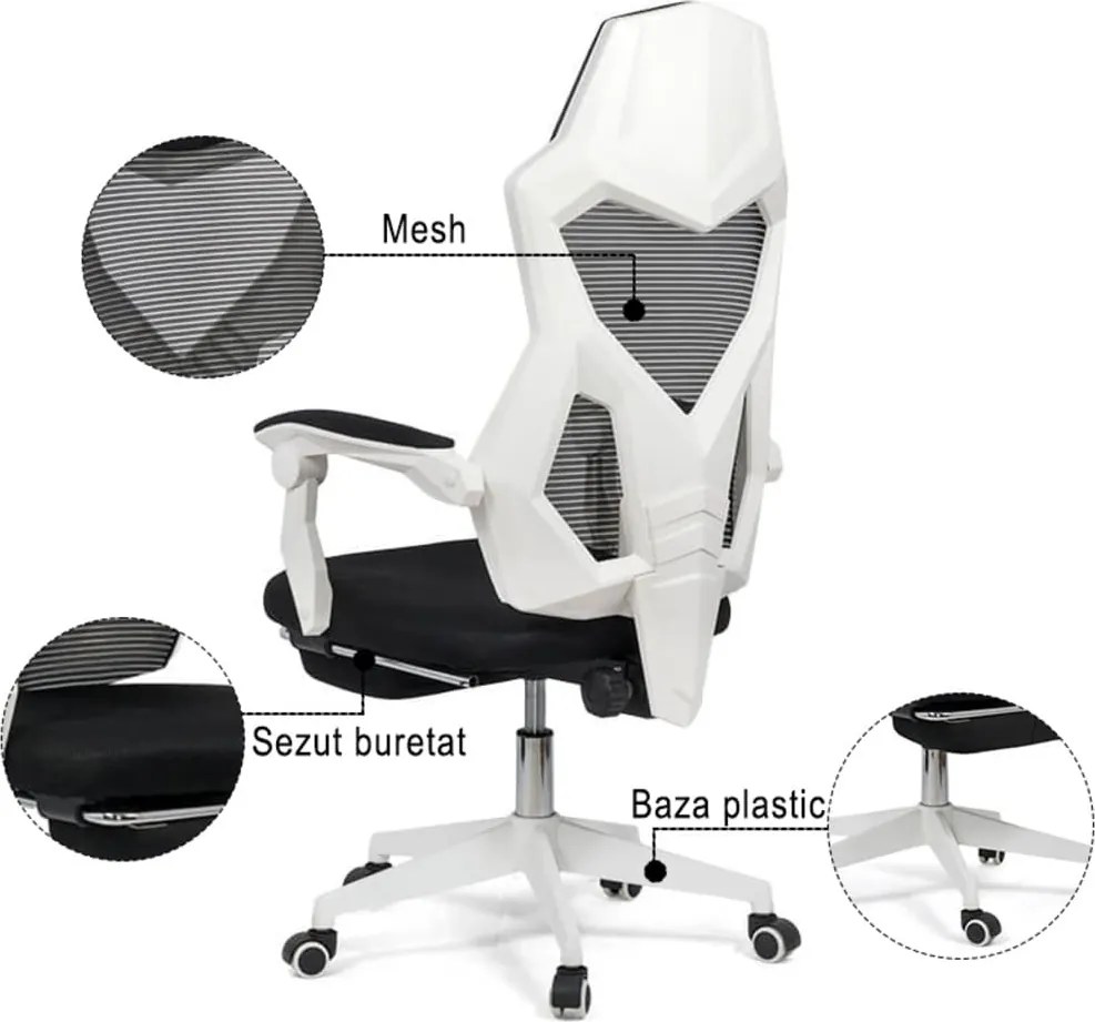 Scaun ergonomic OFF 424 alb, suport picioare și rabatare 130°
