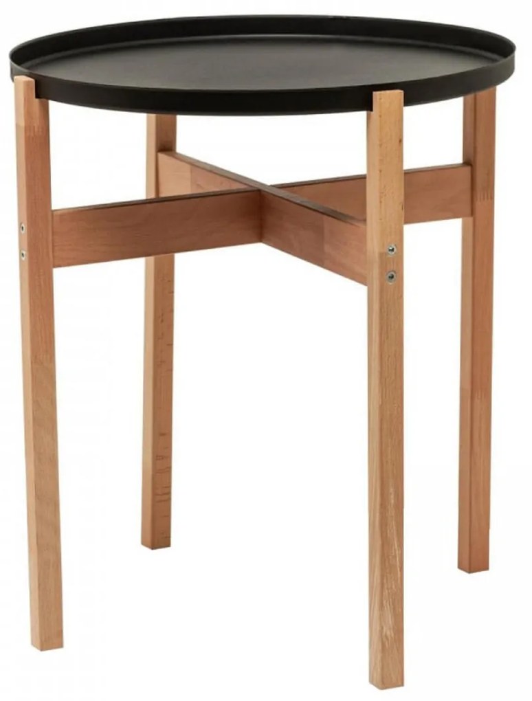 Masuta cafea rotunda cu blat detasabil HouseXL® B-Wood Coffe Tray Table , Din lemn masiv, Diametru 46 cm, Blat metalic transformabil in tava servire