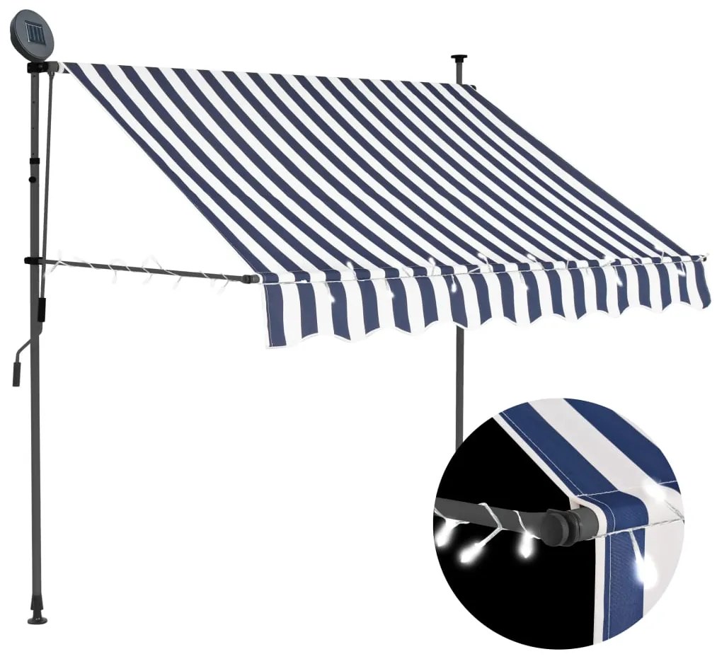 vidaXL Copertină retractabilă manual cu led, albastru &amp; alb, 150 cm