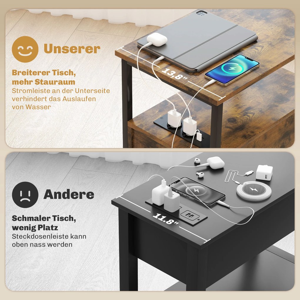 HOMCOM Măsuță laterală cu stație de încărcare, porturi USB, prize, 2 sertare și raft pentru living, dormitor | Aosom Romania