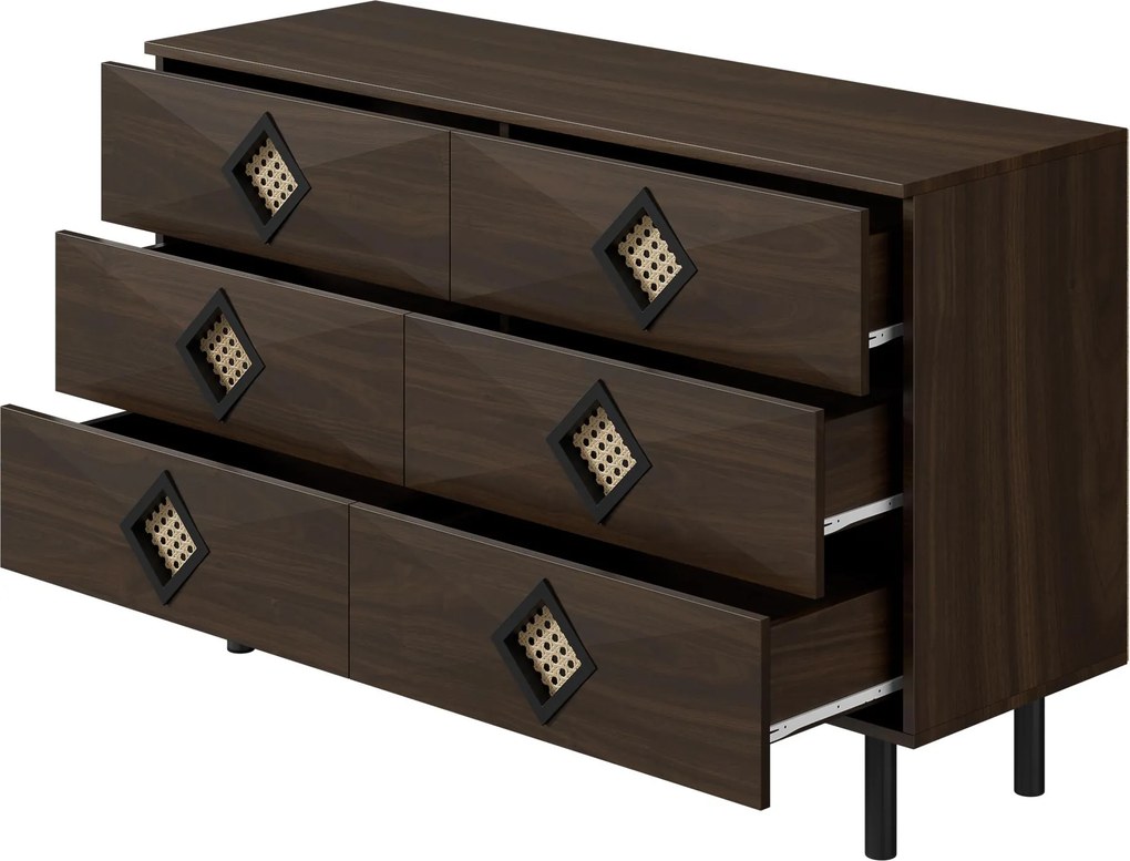 Masă de machiaj cu 6 sertare, mânere din ratan, spațiu mare de depozitare, pentru dormitor și living, 120x40x74,5 cm, Culoare naturală