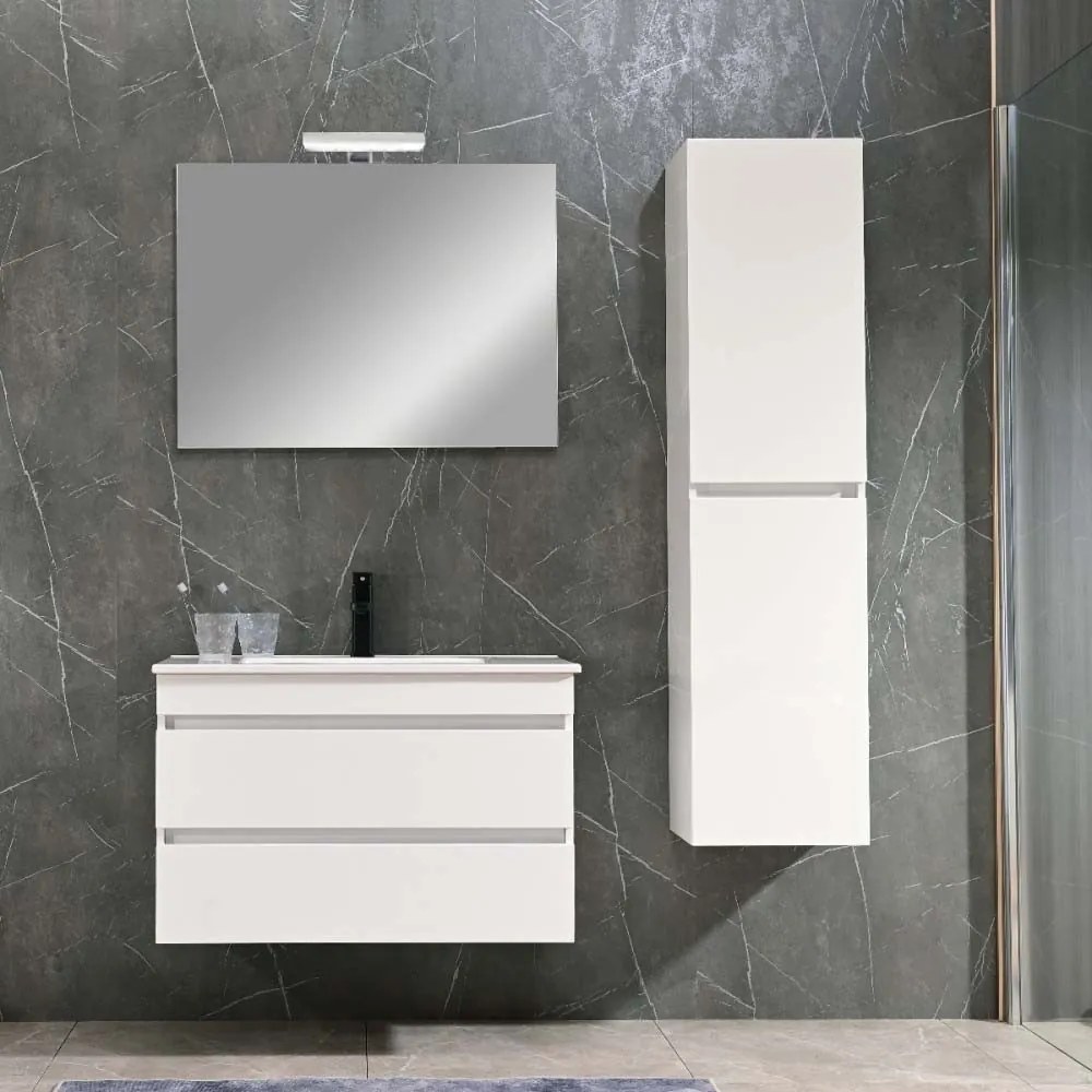 Mobilier de baie Cube 80 cm cu lavoar ceramic (2 sertare) și oglindă 60x80 cm vopsit în alb lucios