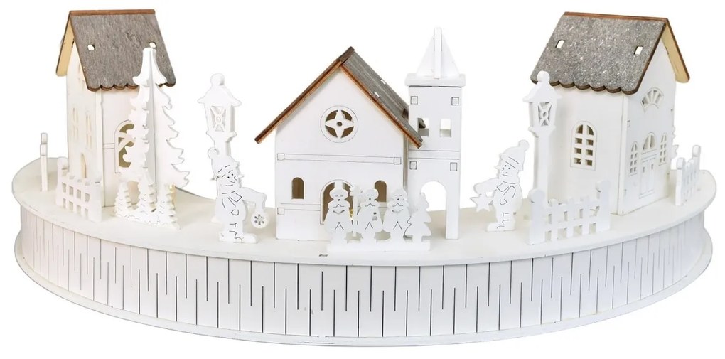 Decorație luminoasă din lemn cu LED-uri, sat cubiserică, 40 x 14 x 20 cm, semicirculară