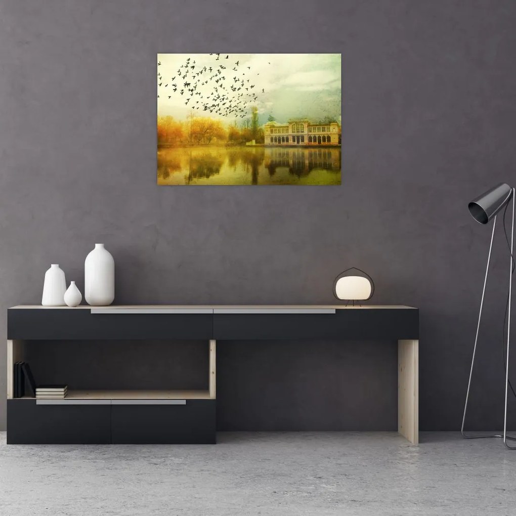 Tablou pe sticlă peisajului pictat cu sediul (70x50 cm)