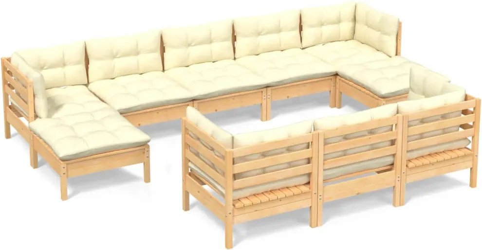 vidaXL Set mobilier grădină cu perne crem, 10 piese, lemn masiv de pin