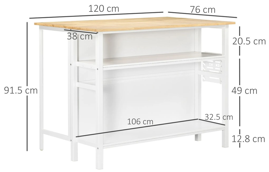 Insula de bucatarie, masa pliabila cu 2 rafturi din lemn si otel, alb 120x76x91,5cm HOMCOM | Aosom RO