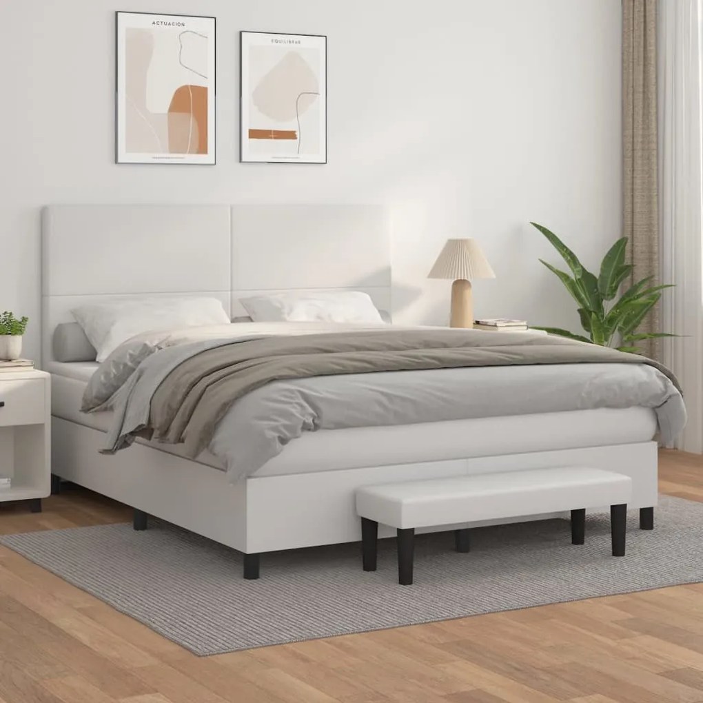 3137552 vidaXL Pat box spring cu saltea, alb, 160x200 cm, piele ecologică