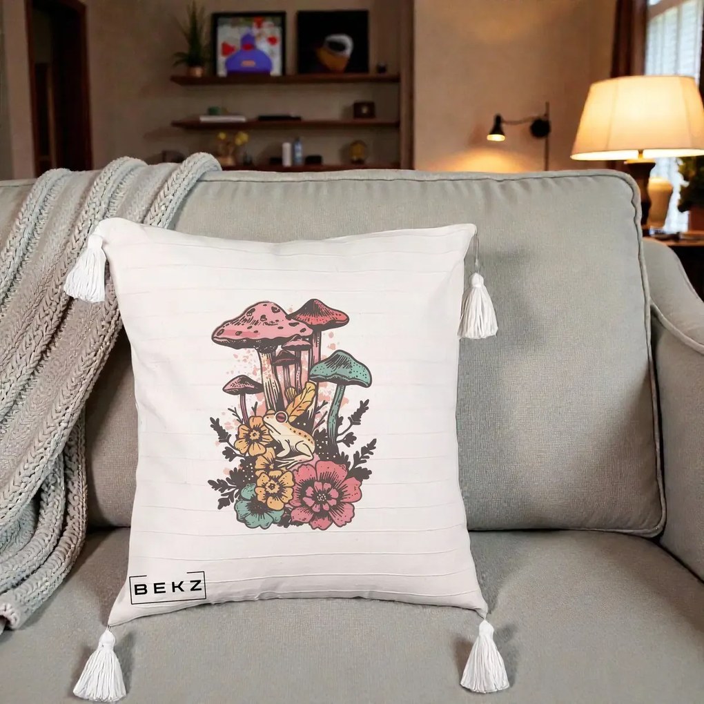 Perna Decorativa Ciuperci si Broaste Boho, 40x40 cm, Bej cu Franjuri, Husa Detasabila, Perna Inclusa, BEKZ®
