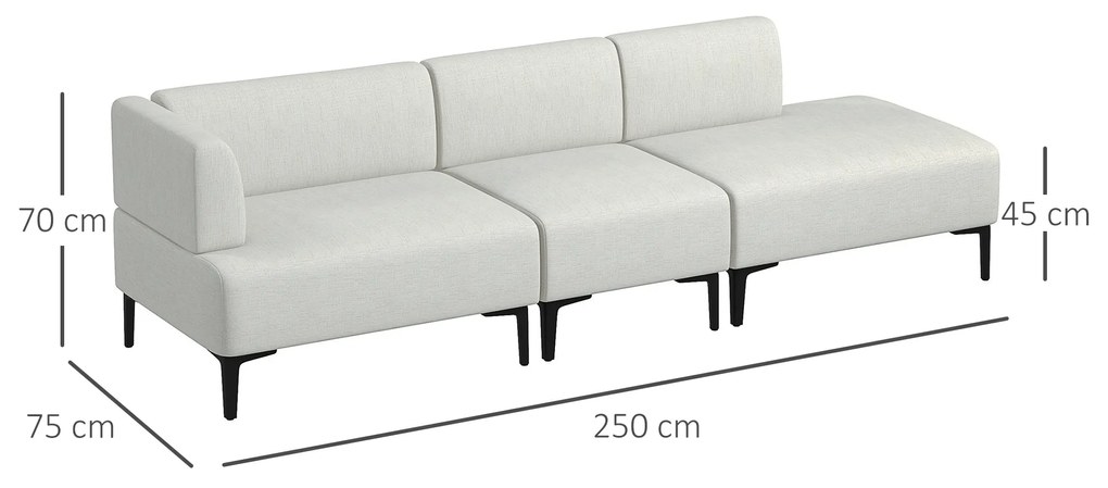 Canapea Moderna Modulabila cu 3 Sectiuni, Canapea Sectionala din Stofa cu Picioare din Otel, 250x75x70cm, Alb Crem HOMCOM | Aosom Romania