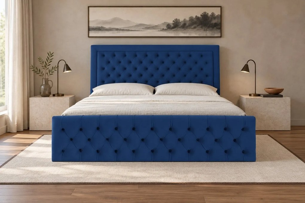 Pat tapițat Chesterfield din catifea Ophelia Deluxe 160×200 cm, albastru, cu ladă de depozitare