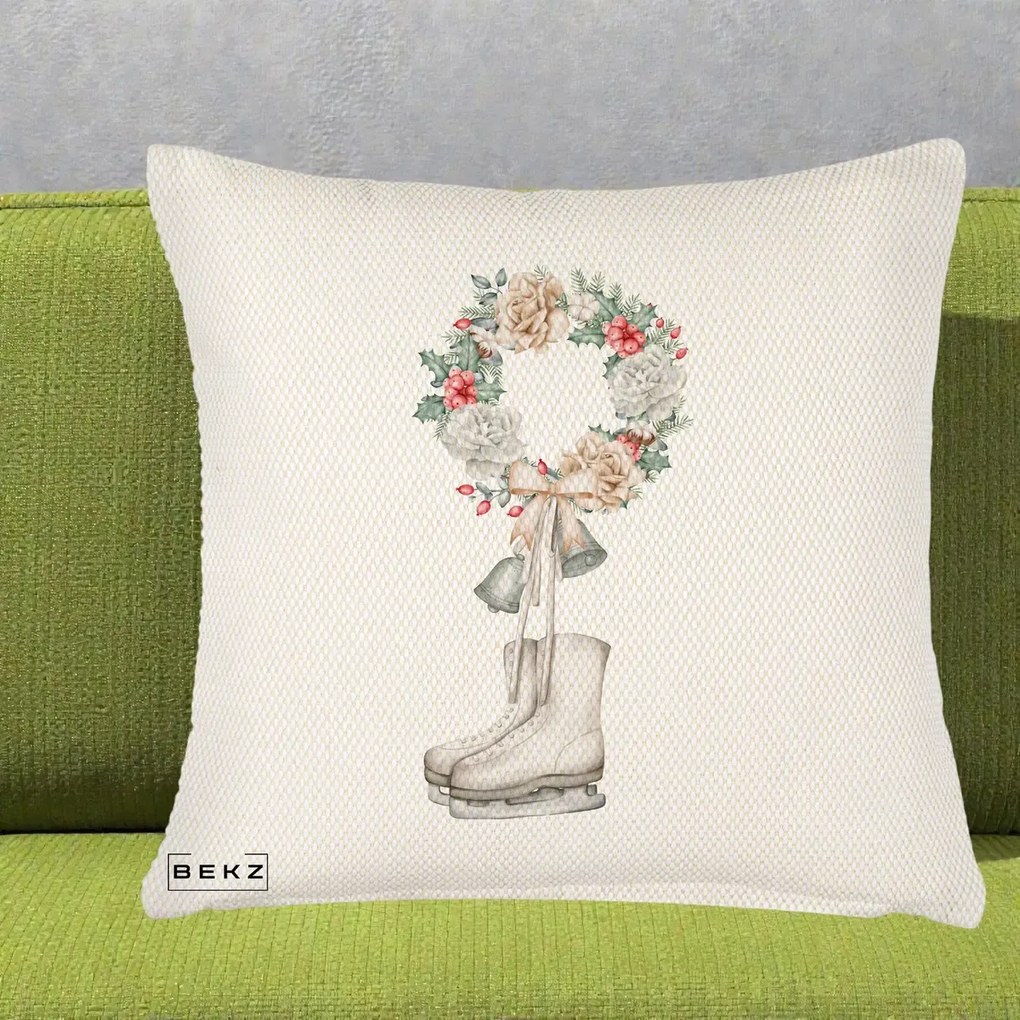 Perna Decorativa Patine cu Coroana Florala de Craciun, 40x40 cm, Crem Reliefat, Husa Detasabila, Perna Inclusa, BEKZ®