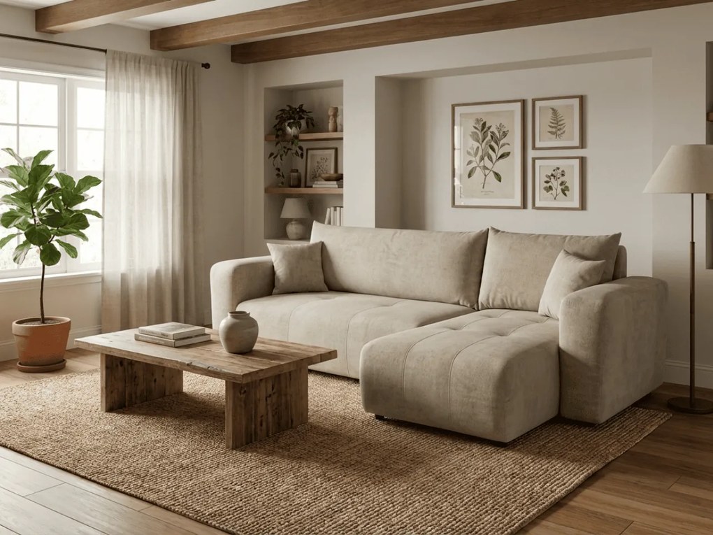 Canapea de colt extensibila SORELA bej, reversibila + 2 pernute gratuite