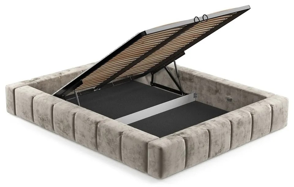 Pat matrimonial bej tapițat cu spațiu de depozitare cu somieră 160x200 cm Aruba L – Maison de Rêve