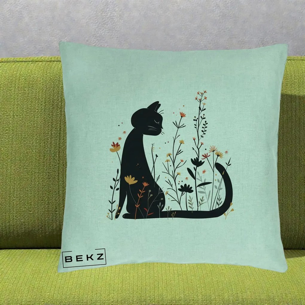 Perna Decorativa Pisica Neagra Flori Portocalii Silueta, 40x40 cm, Verde Menta, Husa Detasabila, Perna Inclusa, BEKZ®