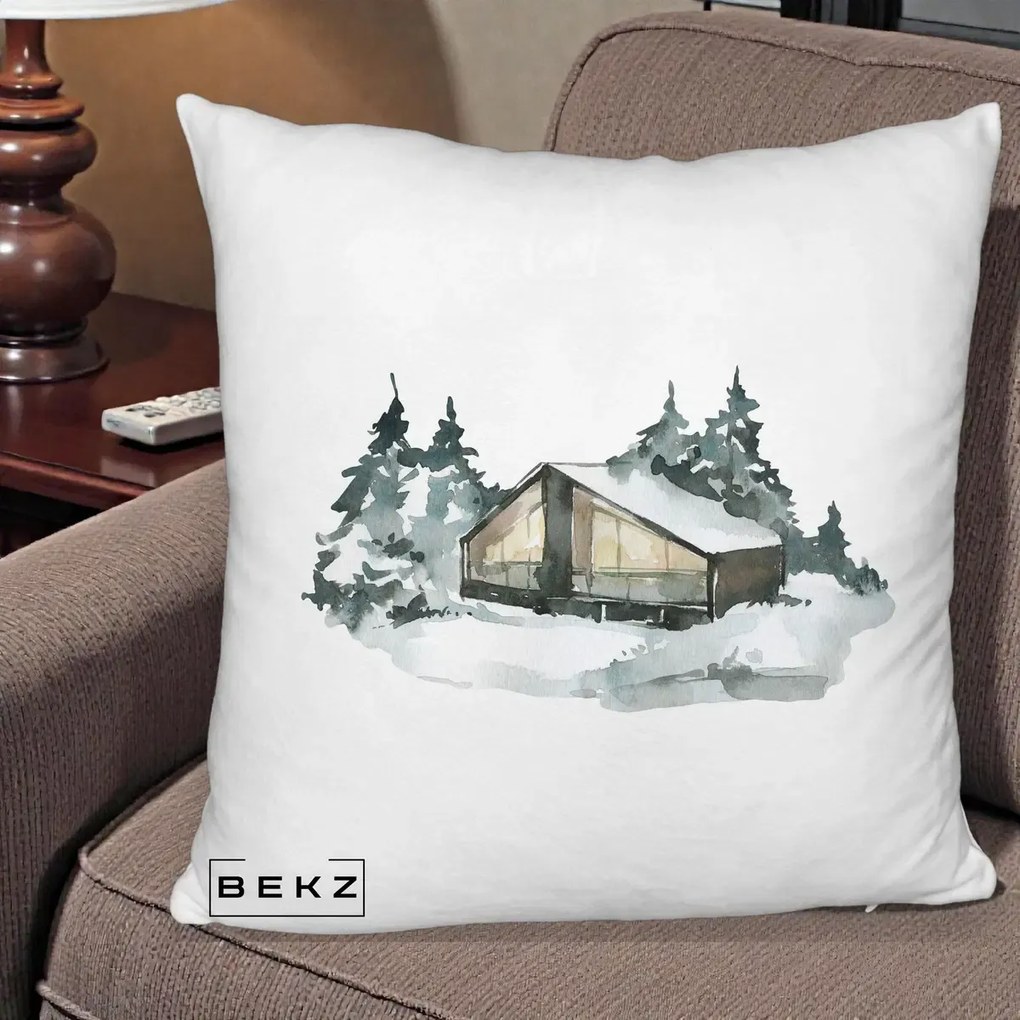 Perna Decorativa Cabana de Iarna in Padure, 40x40 cm, Alb Pufos, Husa Detasabila, Perna Inclusa, BEKZ®