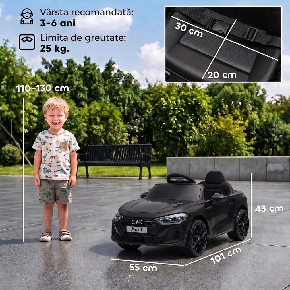 AIYAPLAY Mașină Electrică pentru Copii 12V Audi A5L cu Telecomandă, Baterie cu Litiu, 2 Motoare, Telecomandă, Negru | Aosom Romania