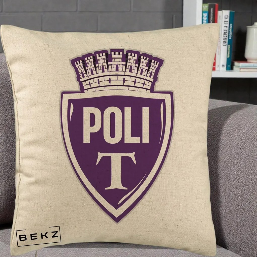 Perna Personalizata Poli Timisoara Fotbal, 40x40 cm, Bej, Husa Detasabila, Perna Inclusa, BEKZ®