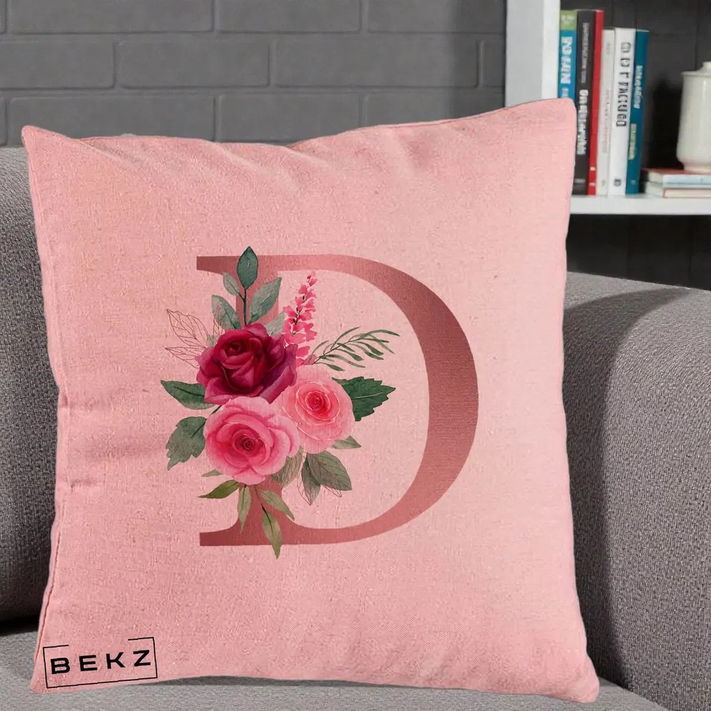 Cadou Personalizat - Perna Personalizata Monograma Rose Gold Litera D, 40x40 cm, Roz, Husa Detasabila, Perna Inclusa, BEKZ®