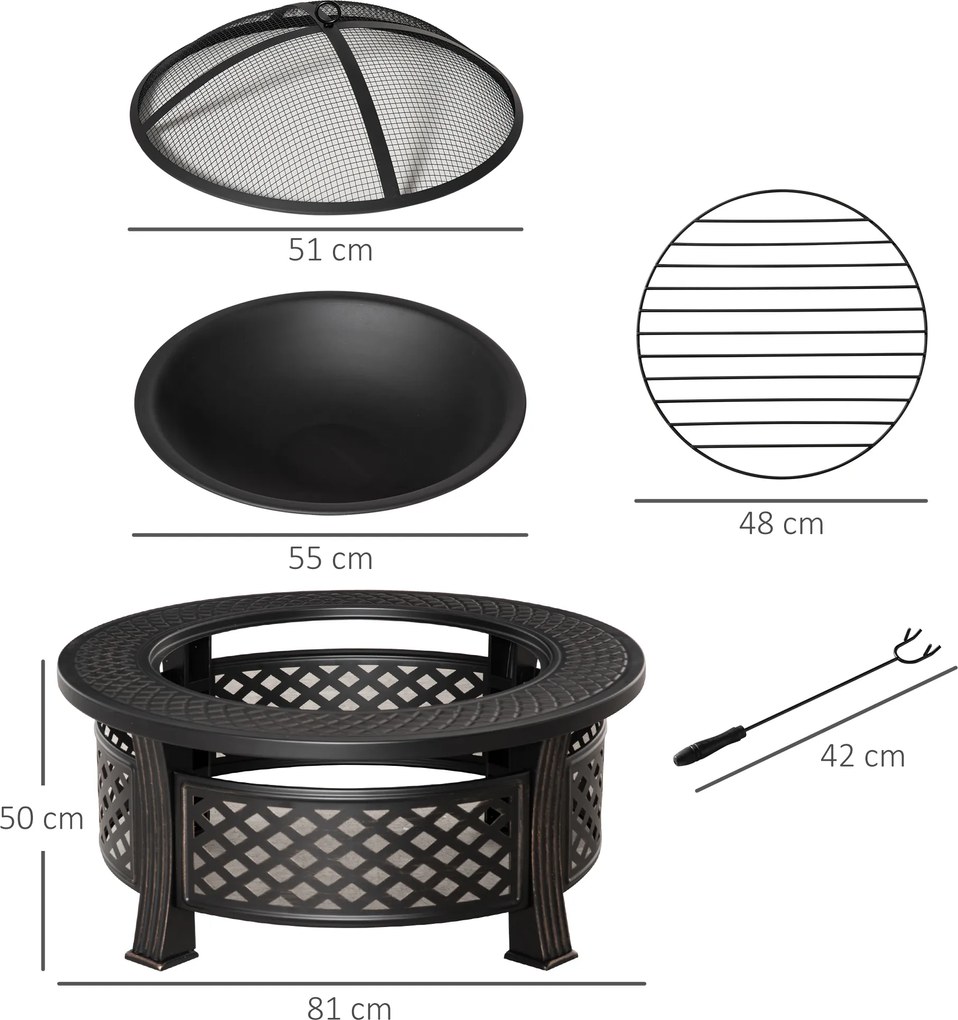 Outsunny Cuvă de foc cu cârlig, protecție la scântei, coș de foc, masă pentru foc rotund, loc de foc pentru grădină, camping, BBQ, oțel, negru, 81 x 81 x 50 cm | Aosom Romania