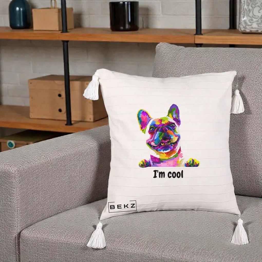 Perna Personalizata Bulldog Francez I'm Cool, 40x40 cm, Bej cu Franjuri, Husa Detasabila, Perna Inclusa, BEKZ®