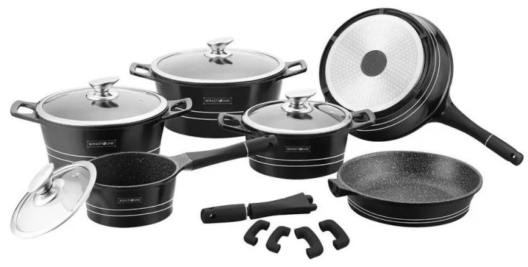 Set oale si tigai Royalty Line RL-ES1014M, Aluminiu turnat, 14 piese, Acoperire marmura, Negru