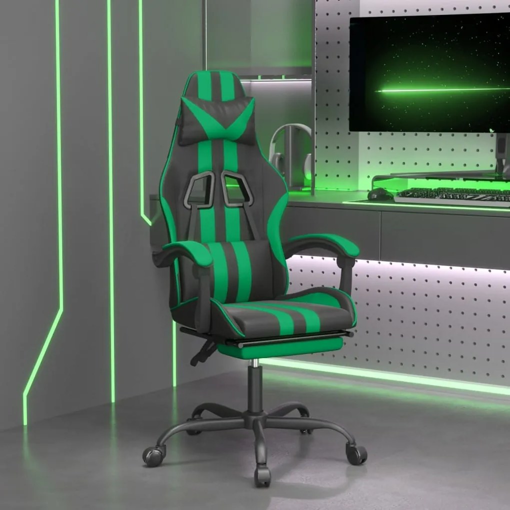 3143833 vidaXL Scaun de gaming cu suport picioare negru/verde, piele ecologică