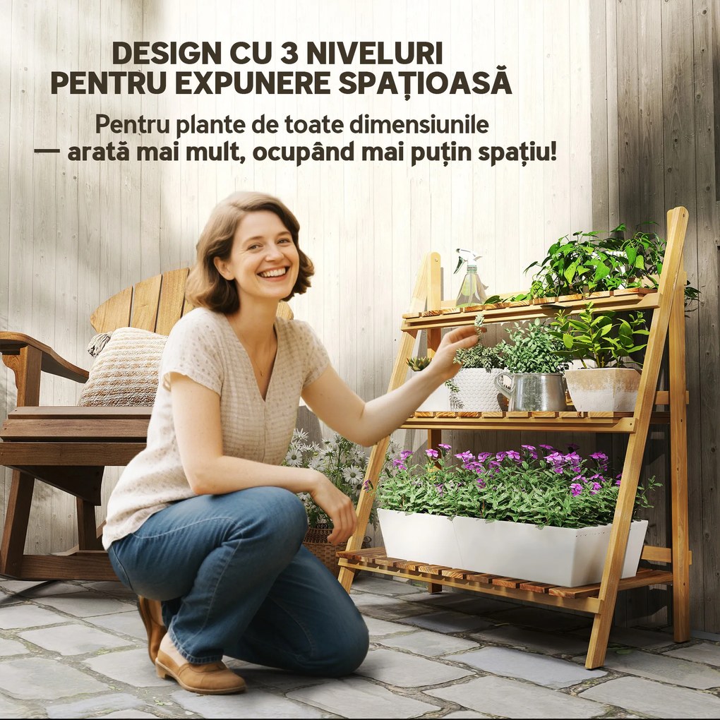 Outsunny Suport pentru Plante Pliabil, Jardinieră cu 3 Niveluri, Raft de Exterior pentru Plante, 80x37x93 cm, Lemn Natural | Aosom Romania