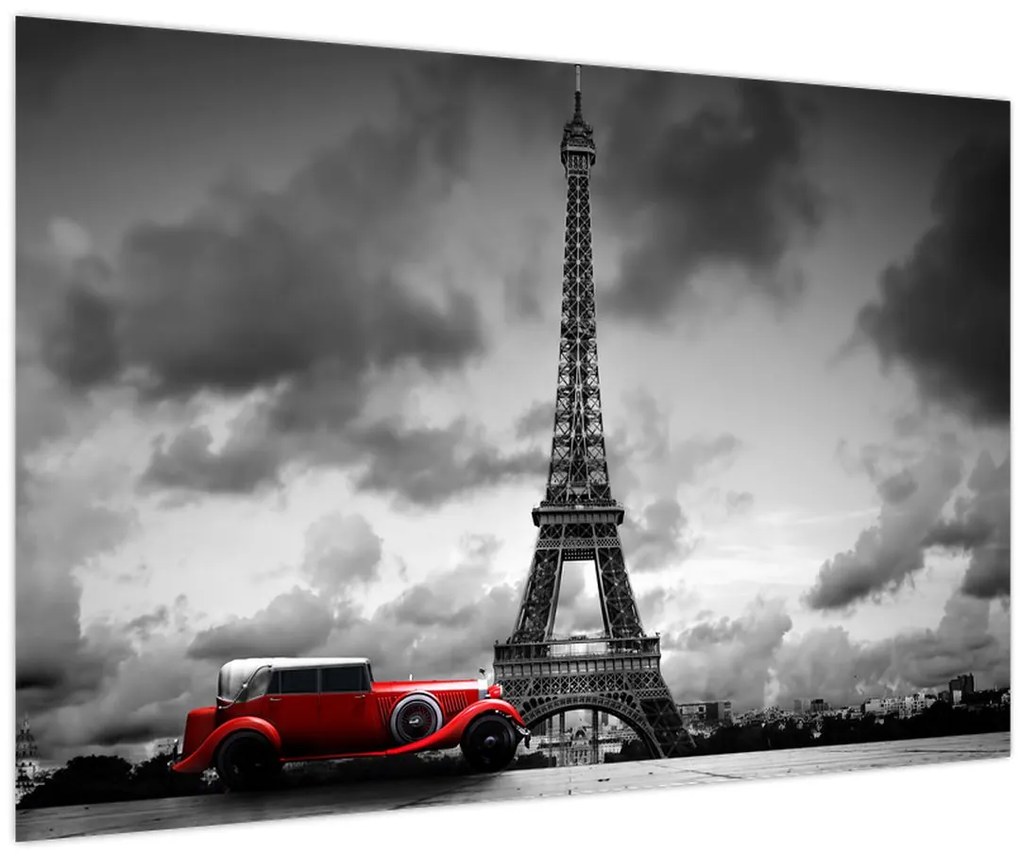 Tablou - Turnul Eiffel și mașina roșie (90x60 cm)